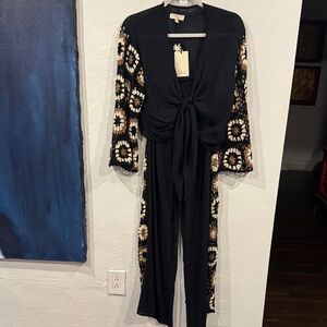 Elan Black Jumpsuit with Floral Sleeves